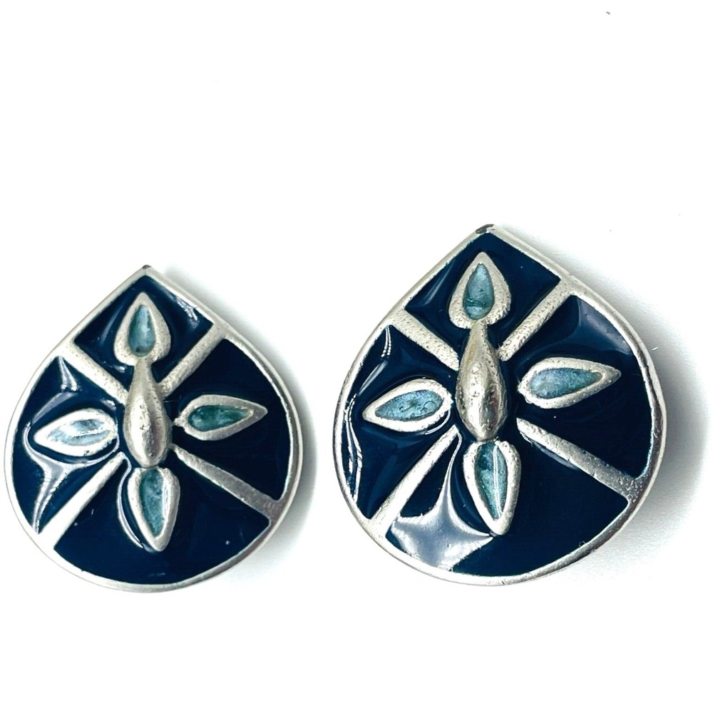 Signed Deja Clip On Earrings Blue White Enamel Leaf Teardrop Silver Tone